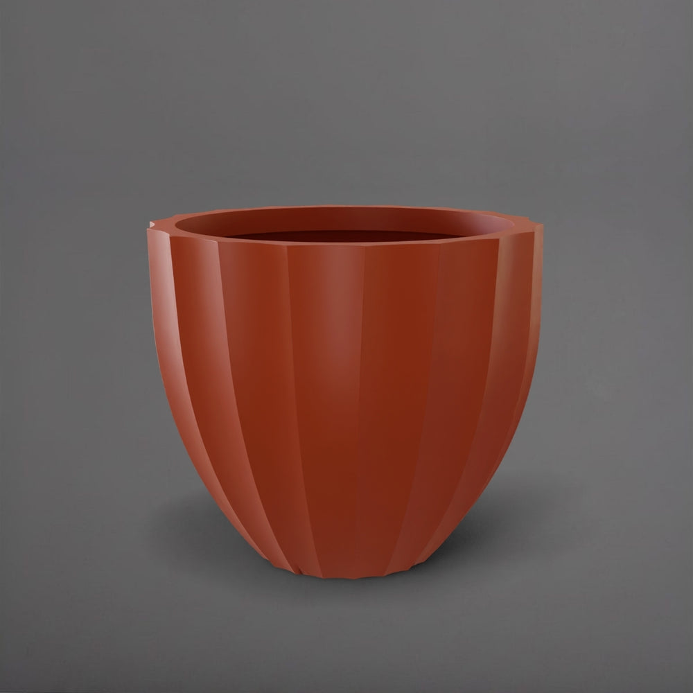 Santa Barbara Fluted Round Fiberglass Planter in matte terra cotta against gray background.