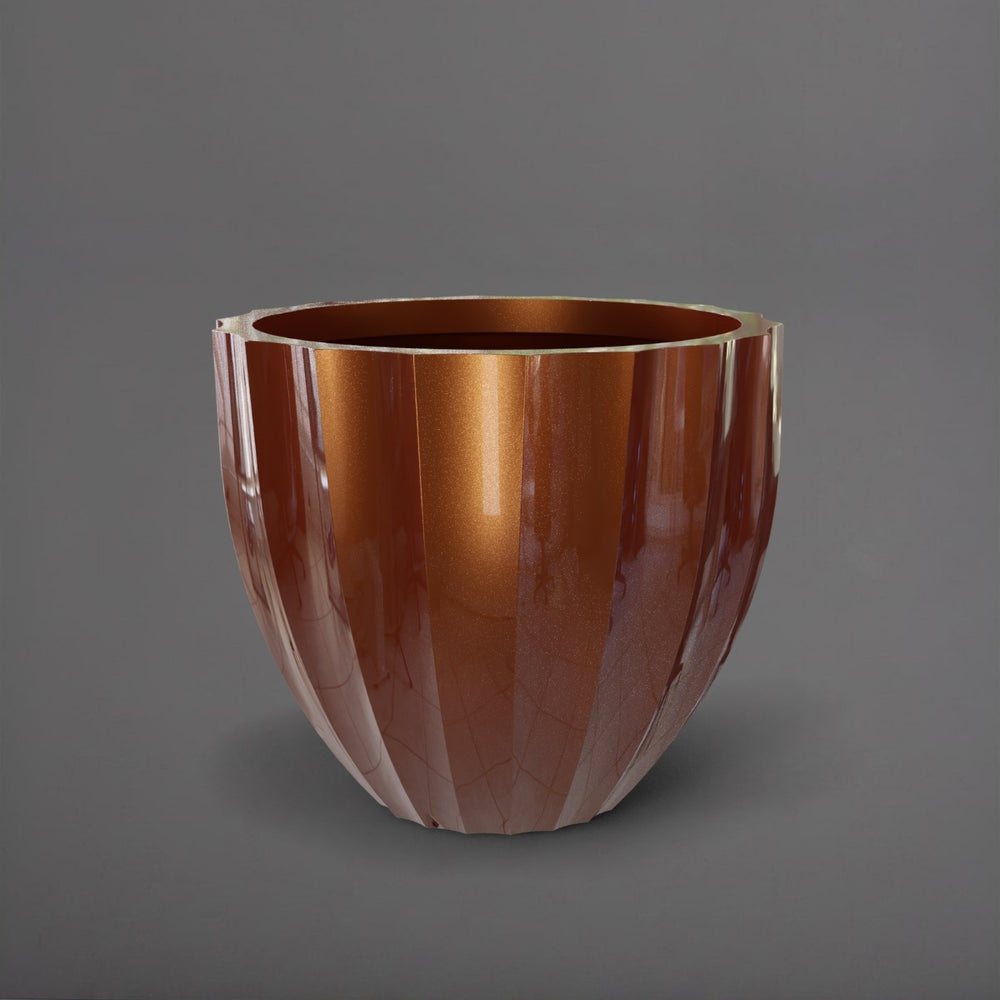Santa Barbara Fluted Round Fiberglass Planter in metallic bronze against gray background.