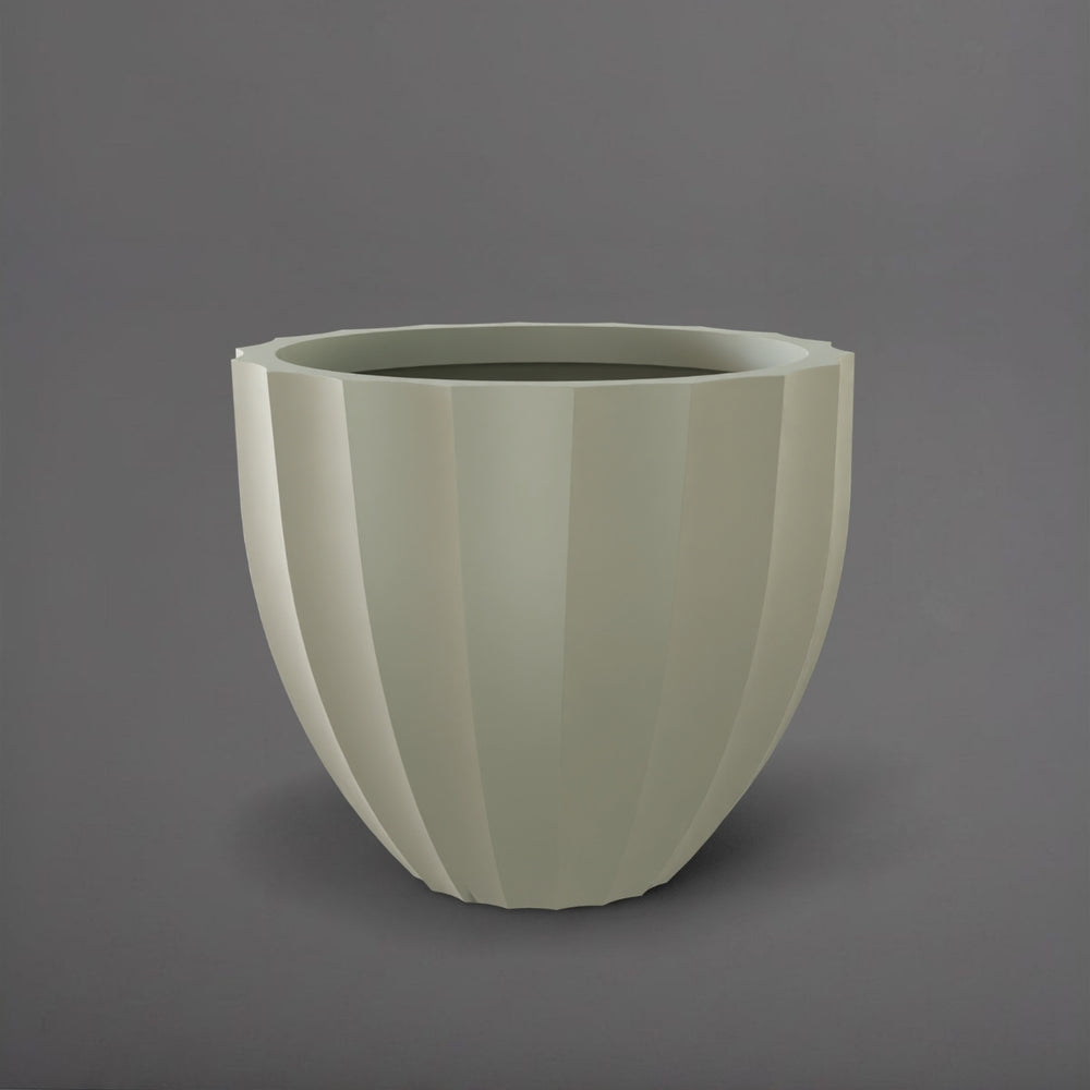 Santa Barbara Fluted Round Fiberglass Planter in satin beige against gray background.