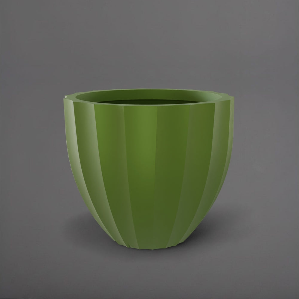 Santa Barbara Fluted Round Fiberglass Planter in satin green against gray background.