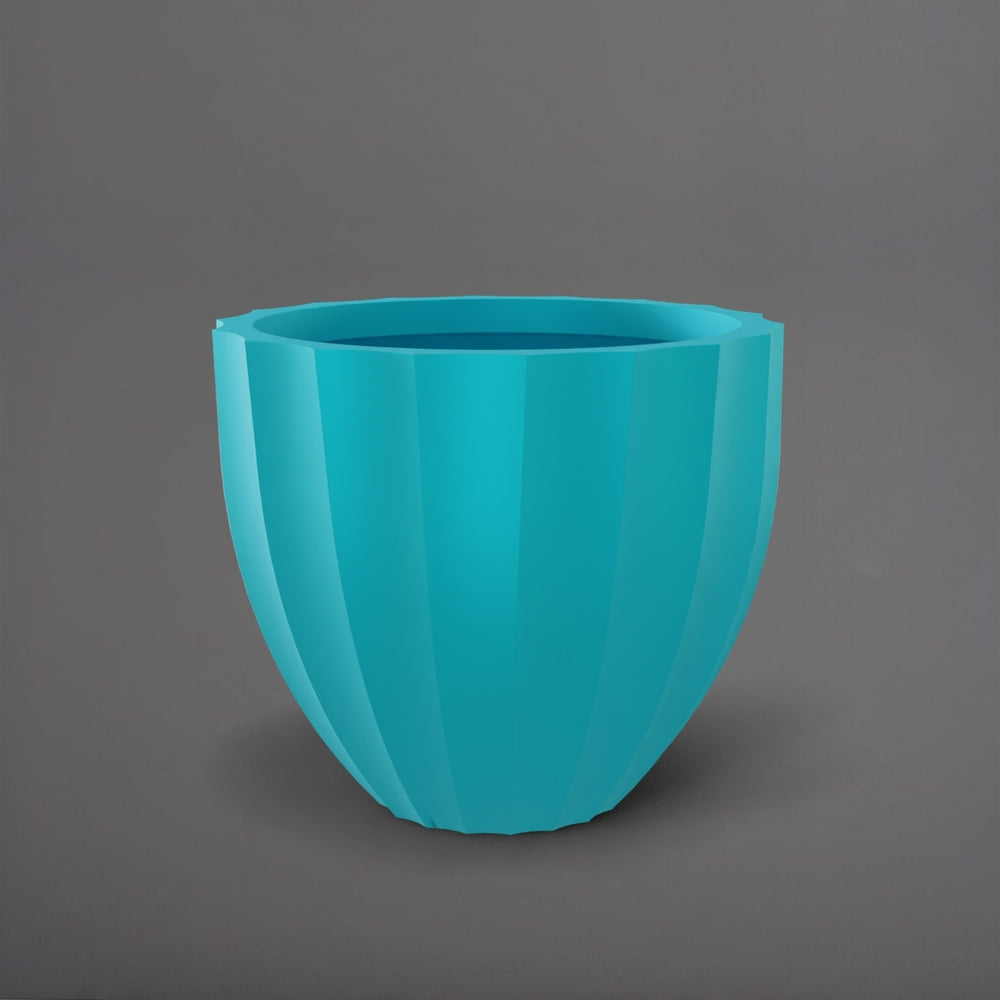 Santa Barbara Fluted Round Fiberglass Planter in satin seafoam green against gray background.
