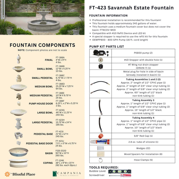 Complete overview of the Savannah Estate Fountain with dimensions, weights, pump kit parts, tools, and general info.