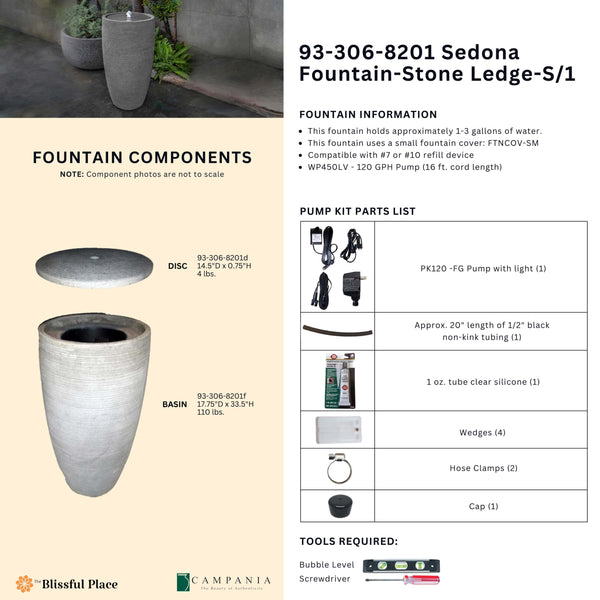 Complete overview of the Sedona Fountain - Stone ledge with dimensions, weights, pump kit parts, tools, and general info.