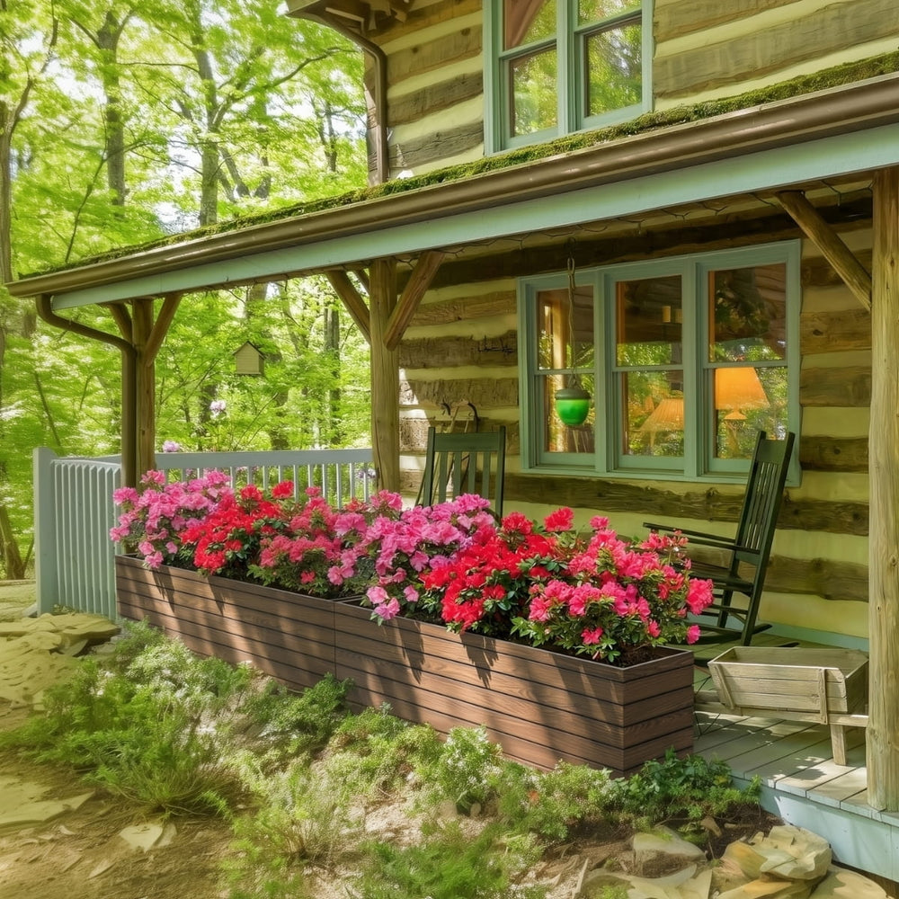 Sedona Tall Rectangle Wood Look Fiberglass Planter filed with pink flowers in the backyard.