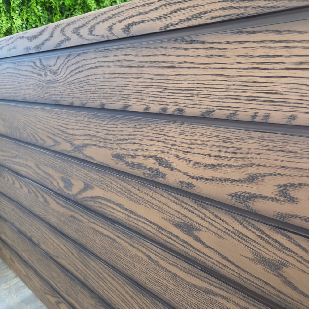 Sedona Tall Rectangle Wood Look Fiberglass Planter upclose.