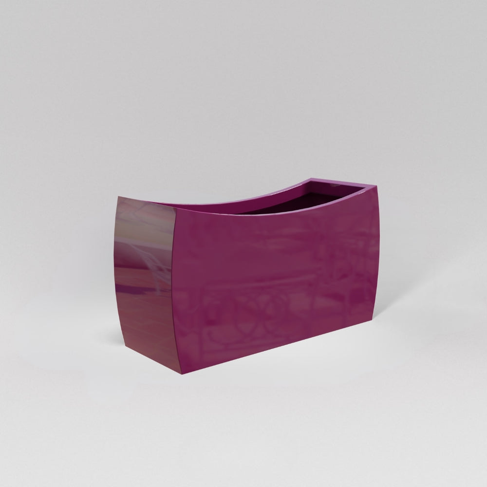 Seoul Modern Curved Rectangle Fiberglass Planter in gloss eggplant against gray background.
