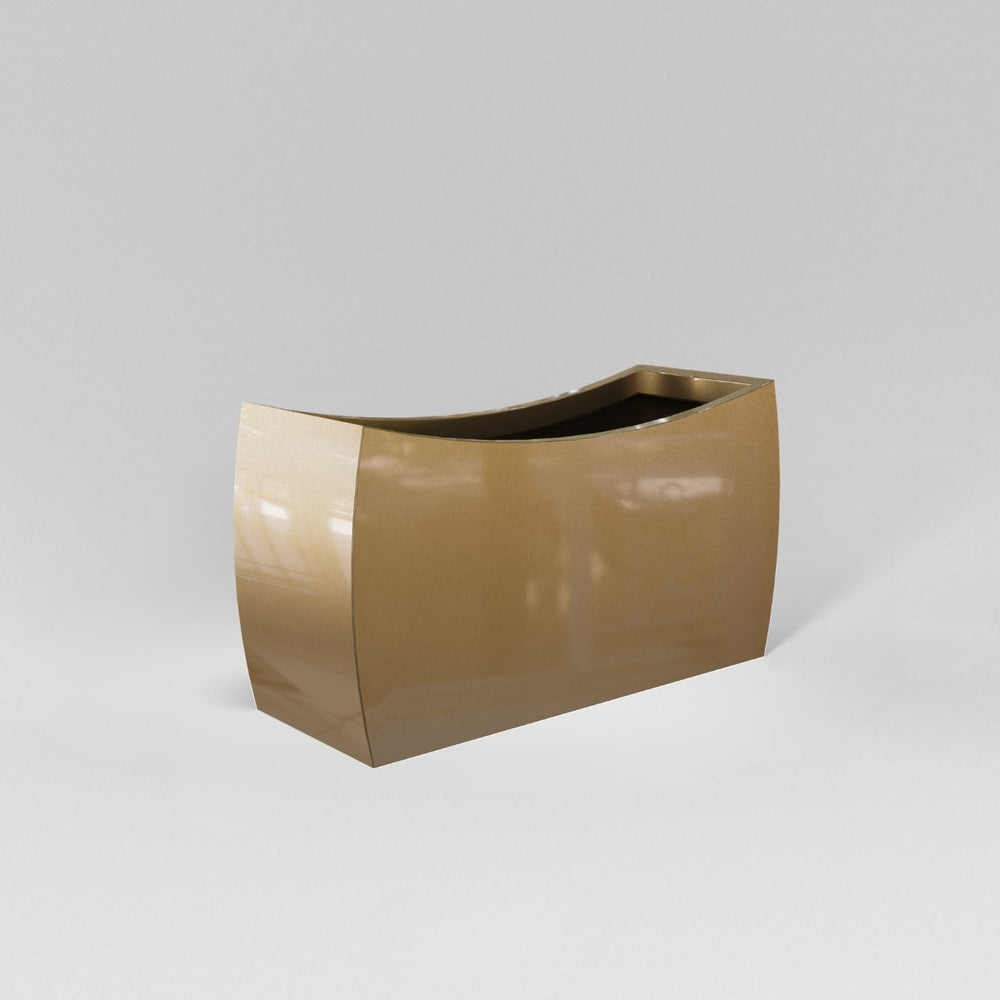 Seoul Modern Curved Rectangle Fiberglass Planter in gloss metallic gold against gray background.