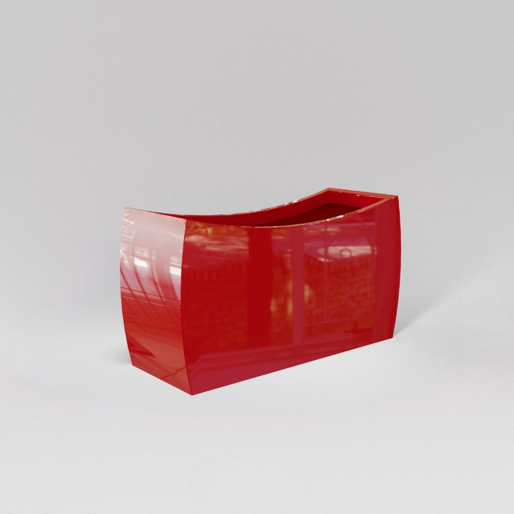 Seoul Modern Curved Rectangle Fiberglass Planter in gloss red against gray background.
