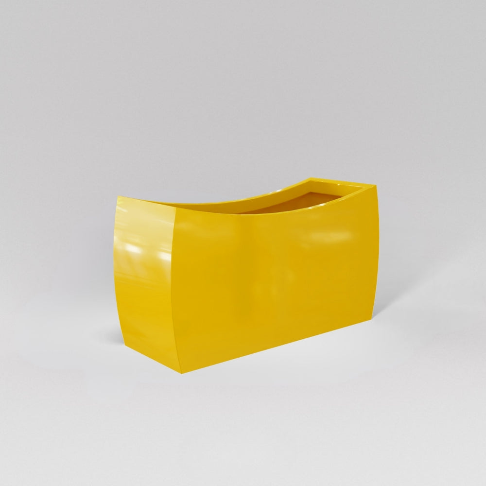 Seoul Modern Curved Rectangle Fiberglass Planter in gloss saffron against gray background.