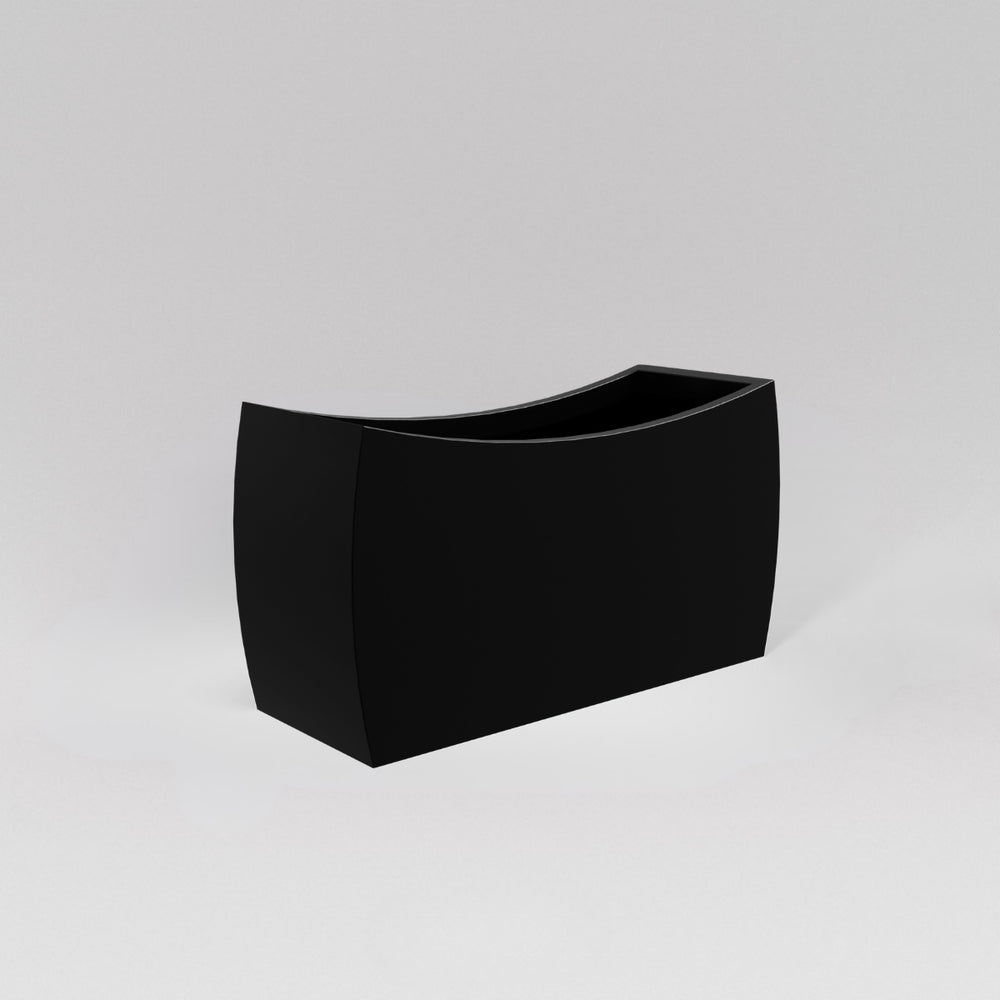 Seoul Modern Curved Rectangle Fiberglass Planter in matte black against gray background.