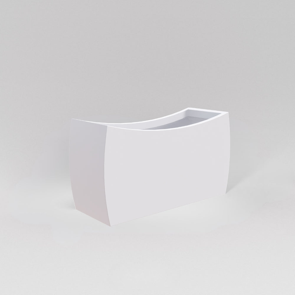 Seoul Modern Curved Rectangle Fiberglass Planter in matte bright white against gray background.