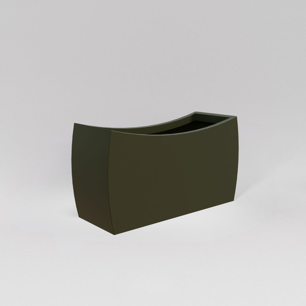 Seoul Modern Curved Rectangle Fiberglass Planter in matte bronze against gray background.