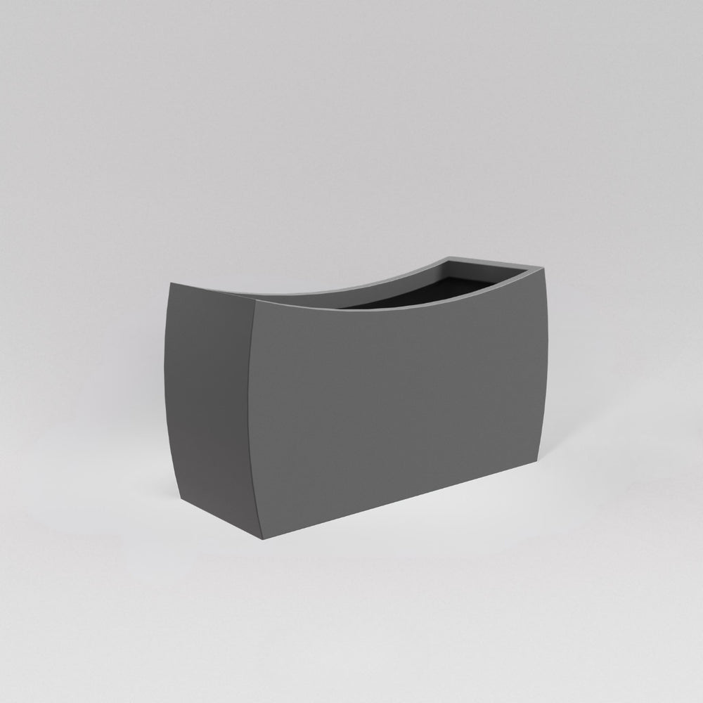 Seoul Modern Curved Rectangle Fiberglass Planter in matte gunmetal against gray background.