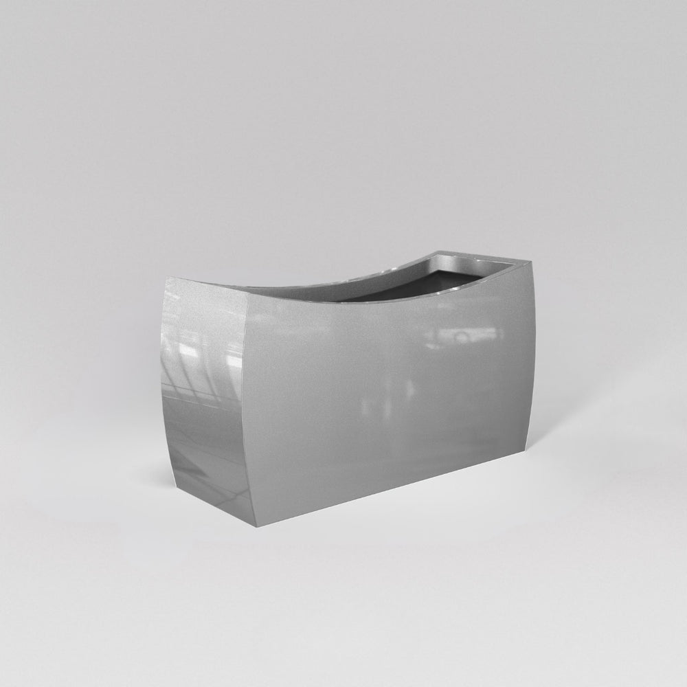 Seoul Modern Curved Rectangle Fiberglass Planter in metallic silver against gray background.