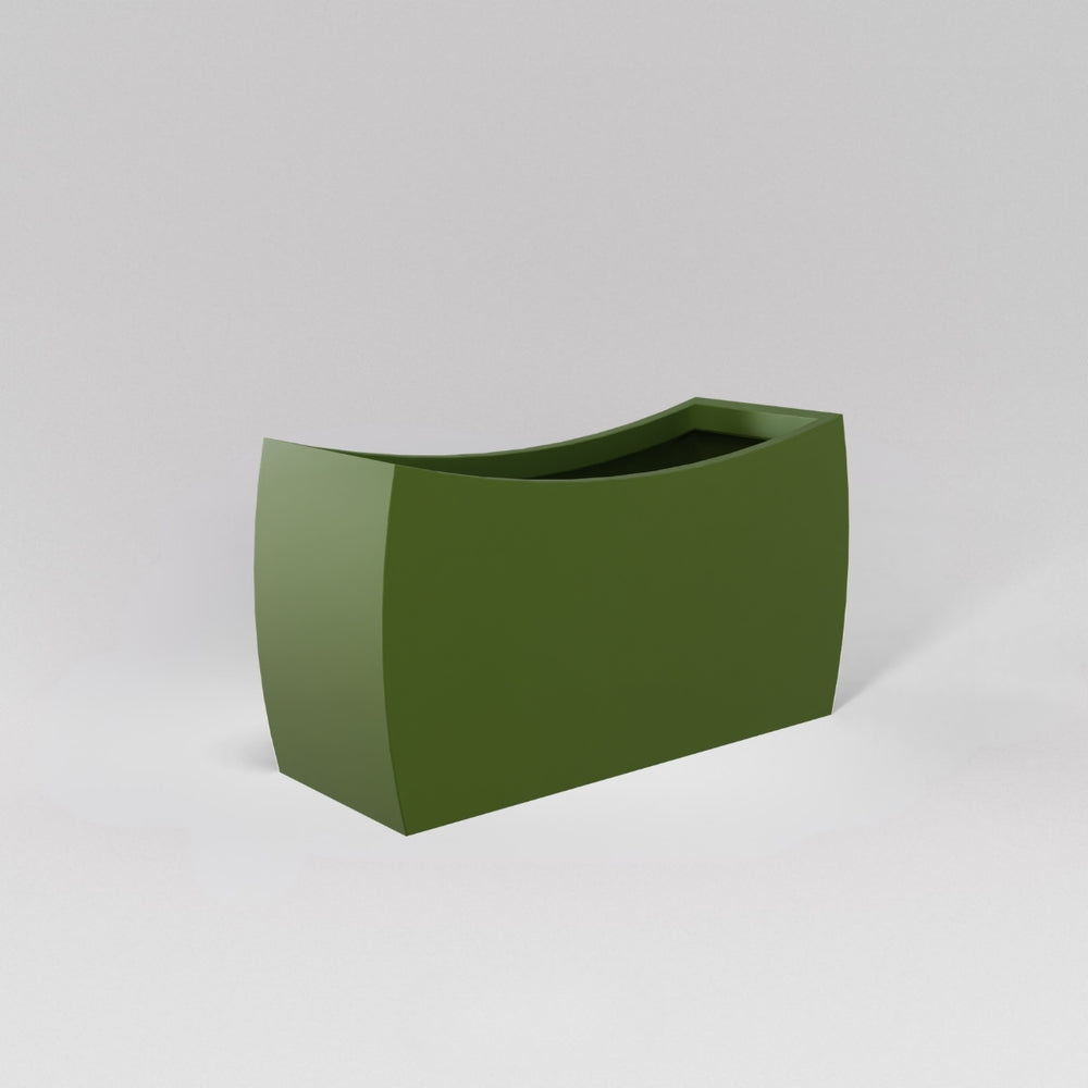 Seoul Modern Curved Rectangle Fiberglass Planter in satin green against gray background.