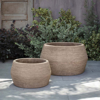 Sequoia Planter - Brown Terra Cotta - S/2 on concrete against green plants