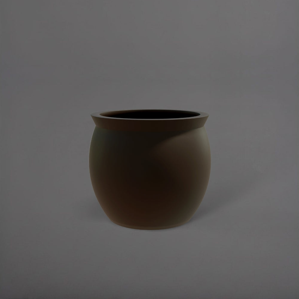 Shanghai Fishbowl Fiberglass Planter in matte dark brown against gray background.