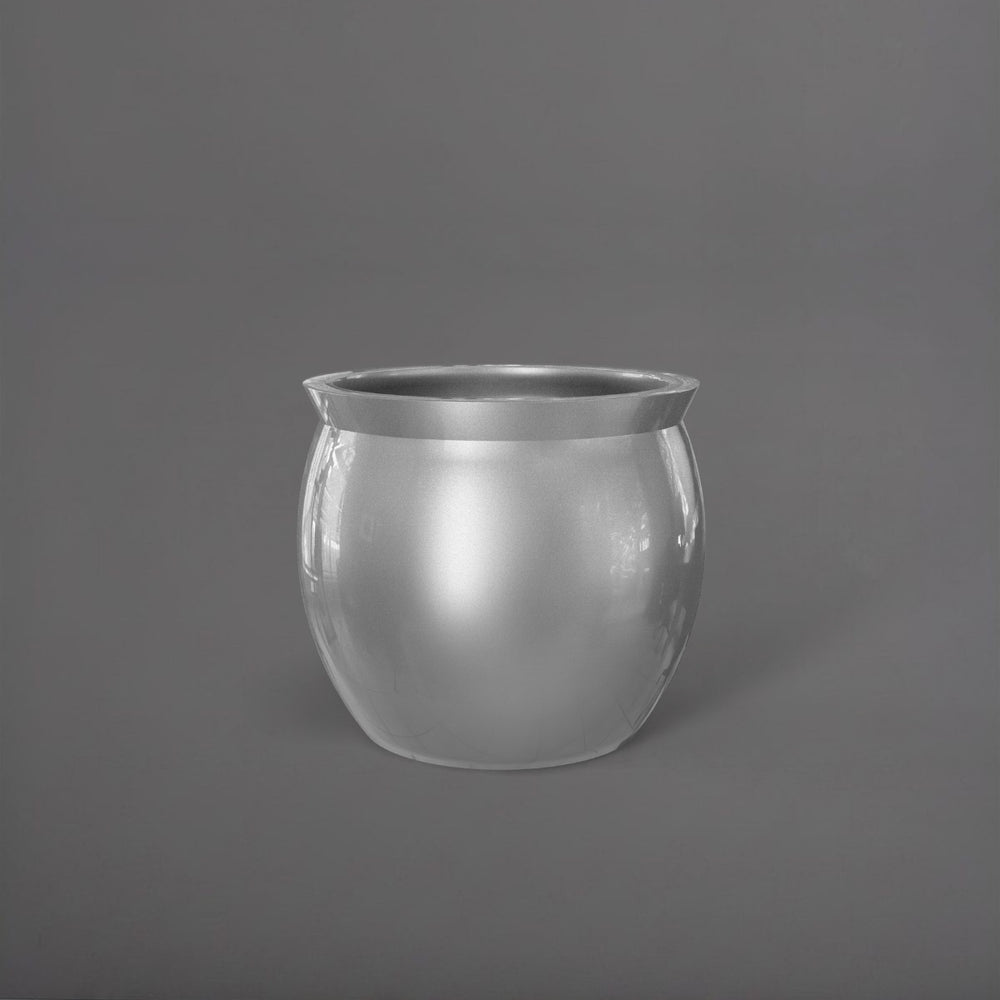 Shanghai Fishbowl Fiberglass Planter in metallic silver against gray background.