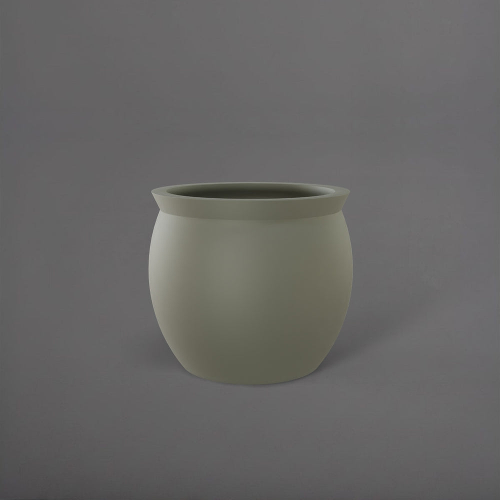 Shanghai Fishbowl Fiberglass Planter in satin beige against gray background.