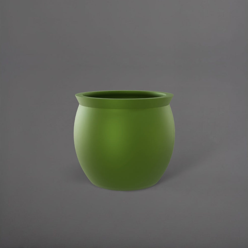 Shanghai Fishbowl Fiberglass Planter in satin green against gray background.