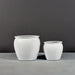 Shanghai Fishbowl Fiberglass Planter on concrete shown with different sizes.