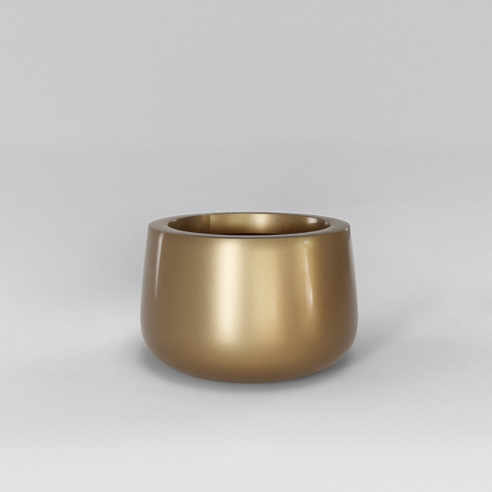 Short Hayden Tapered Round Fiberglass Planter in gloss metallic gold against gray background.