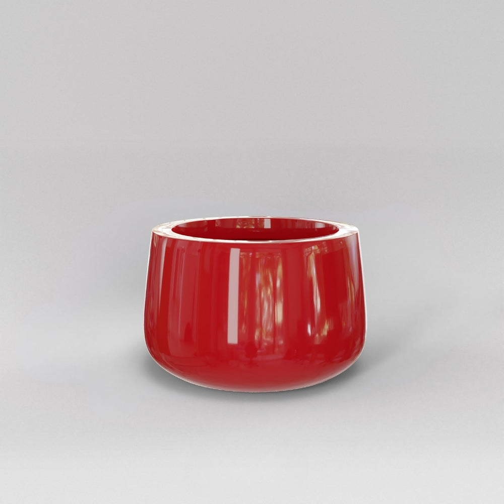Short Hayden Tapered Round Fiberglass Planter in gloss red against gray background.