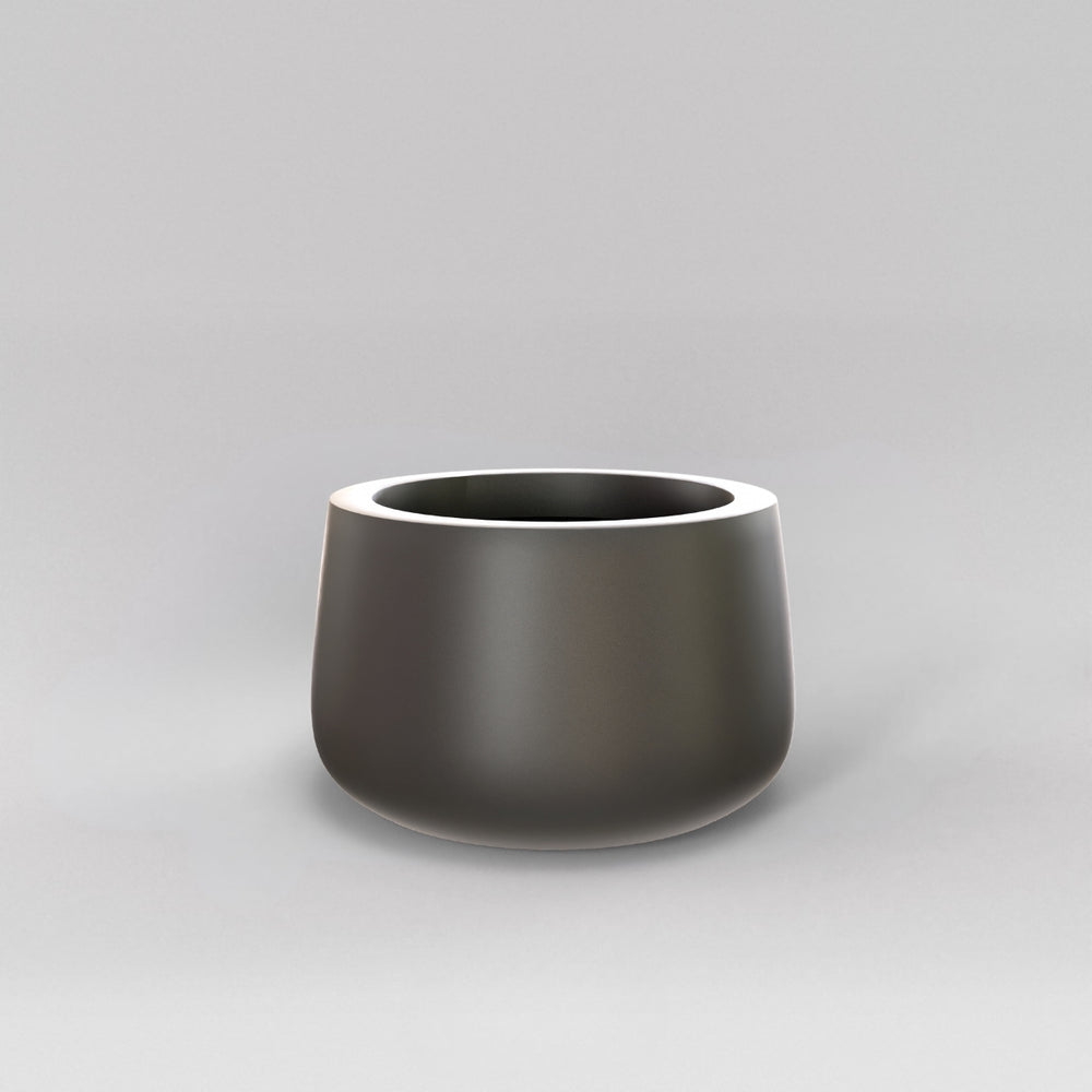 Short Hayden Tapered Round Fiberglass Planter in matte gunmetal against gray background.