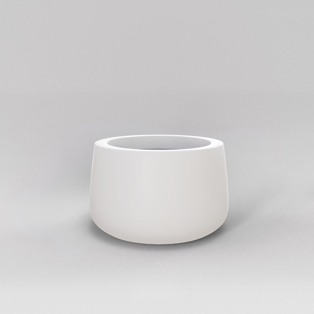 Short Hayden Tapered Round Fiberglass Planter in matte white against gray background.