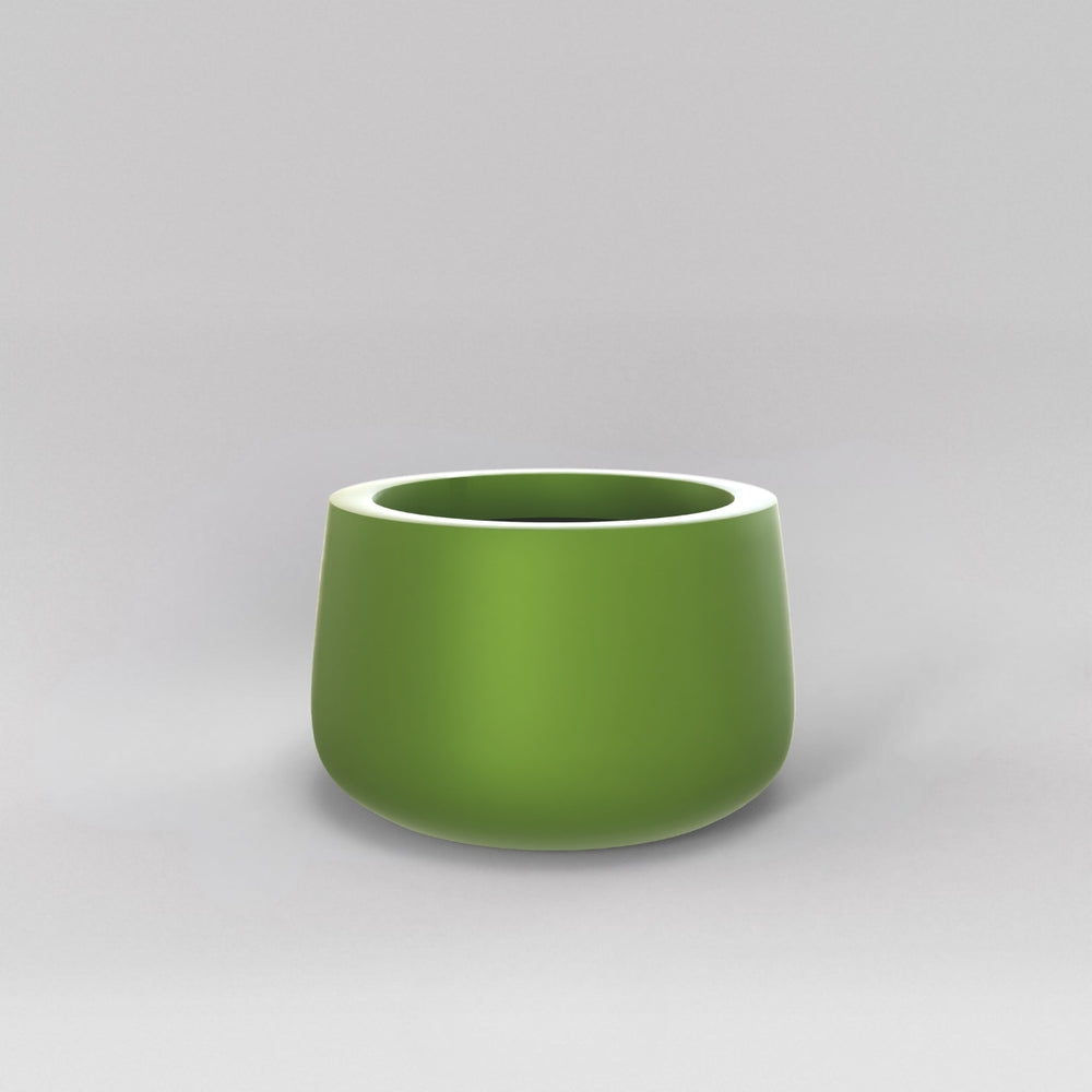 Short Hayden Tapered Round Fiberglass Planter in satin green against gray background.
