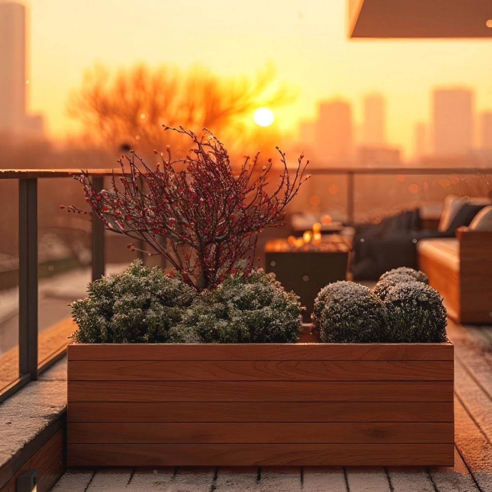 Siena Low Rectangle Wood Look Fiberglass Planter filled with plants in the terrace.