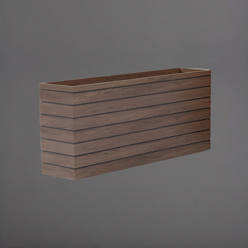 Siena Low Rectangle Wood Look Fiberglass planter in 72 inch against gray background.