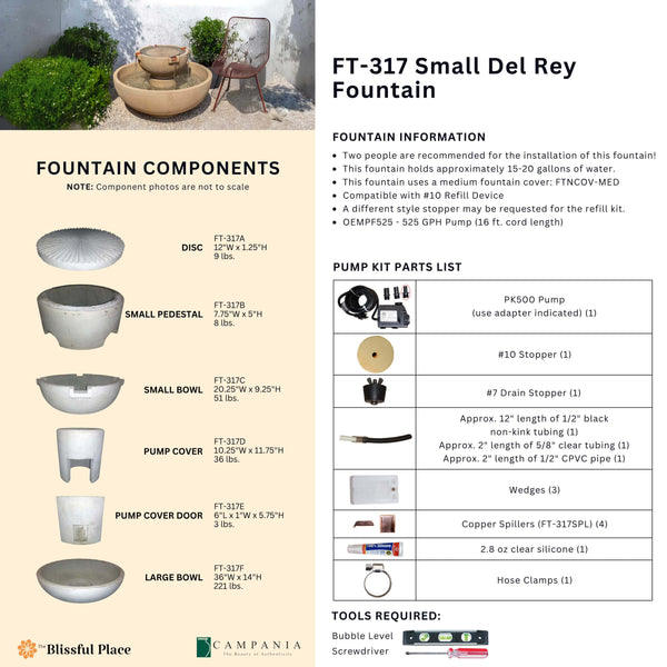 Complete overview of the Small Del Rey Fountain with dimensions, weights, pump kit parts, tools, and general info.