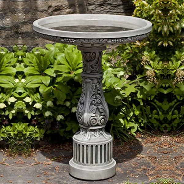 Smithsonian Cottage Garden Birdbath on concrete in the backyard