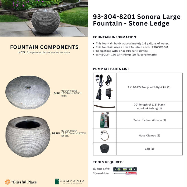 Info sheet for the Sonora Fountain, Large - Stone Ledge listing components, dimensions, weights, pump parts, and required tools.
