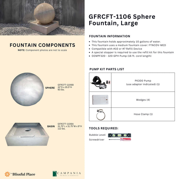 Complete overview of the Sphere Fountain, Large with dimensions, weights, pump kit parts, tools, and general info.