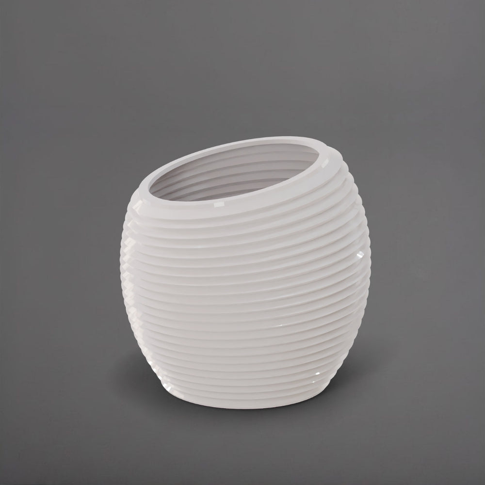 Spiral Globe Fiberglass Planter in gloss bright white against gray background.