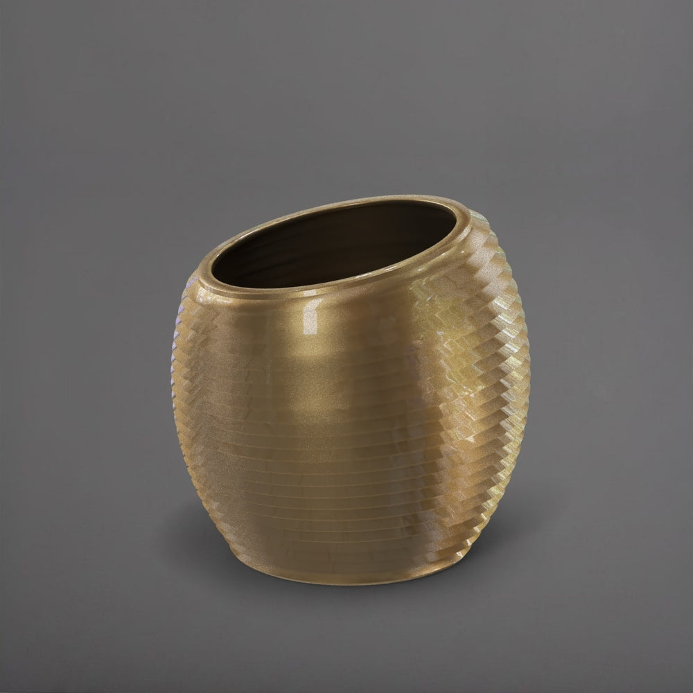 Spiral Globe Fiberglass Planter in gloss metallic gold against gray background.