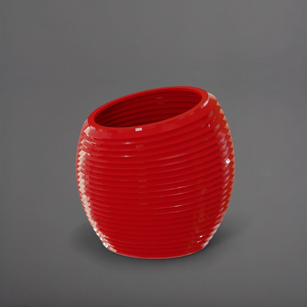 Spiral Globe Fiberglass Planter in gloss red against gray background.