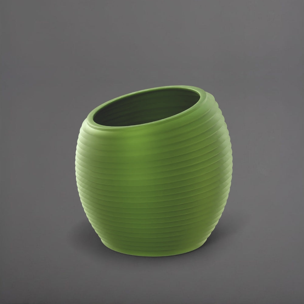 Spiral Globe Fiberglass Planter in satin green against gray background.