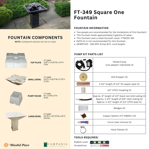 Complete overview of the Square One Fountain with dimensions, weights, pump kit parts, tools, and general info.