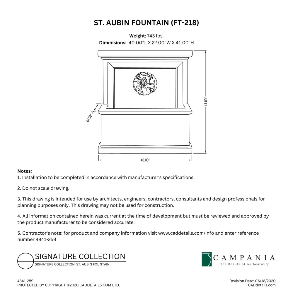 CAD drawing of the St. Aubin Fountain with dimensions, weight, and manufacturer notes.
