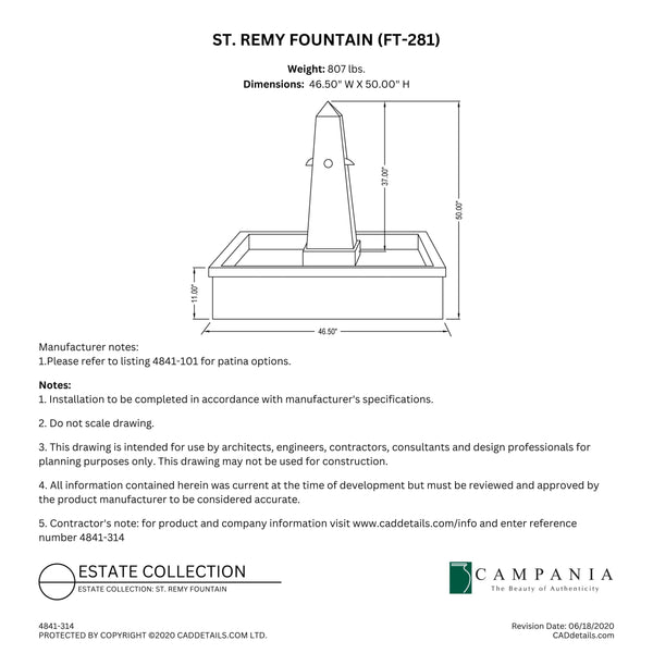 CAD drawing of the St. Remy Fountain with dimensions, weight, and manufacturer notes.