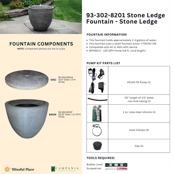 Complete overview of the Stone Ledge Fountain - Stone Ledge with dimensions, weights, pump kit parts, tools, and general info.