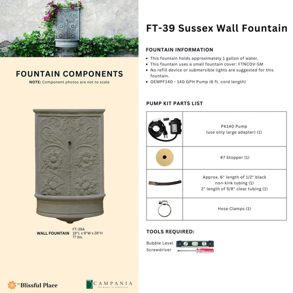 CAD drawing of the Sussex Wall Fountain with dimensions, weight, and manufacturer notes.