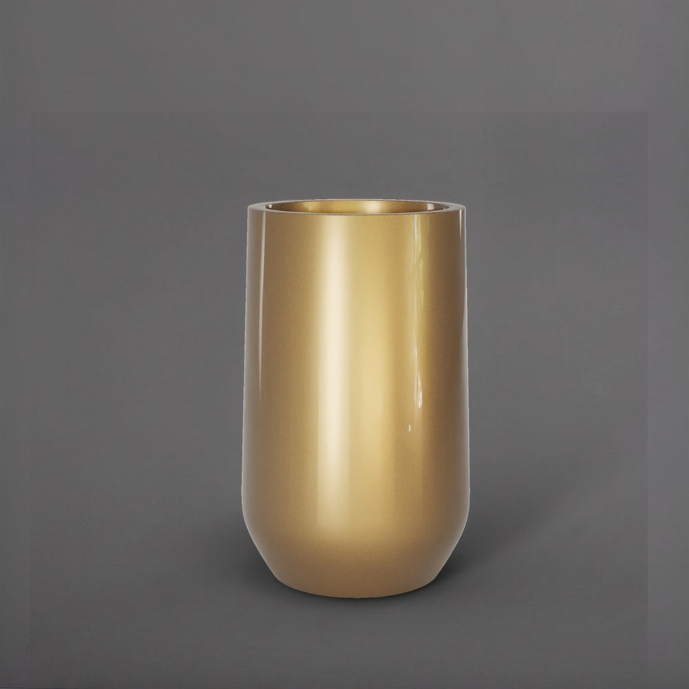 Tall Hayden Tapered Round Fiberglass Planter in gloss metallic gold against gray background.