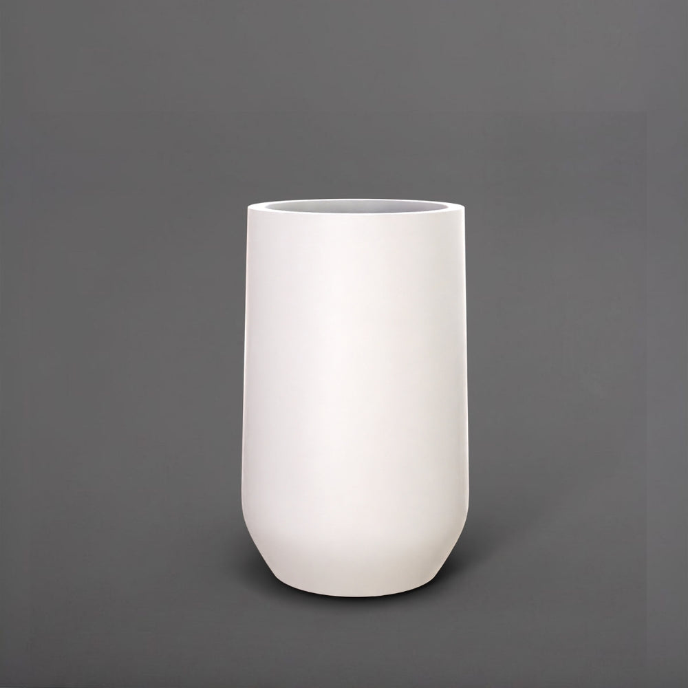 Tall Hayden Tapered Round Fiberglass Planter in matte bright white against gray background.