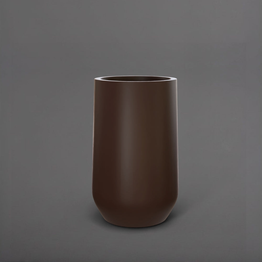 Tall Hayden Tapered Round Fiberglass Planter in matte dark brown against gray background.