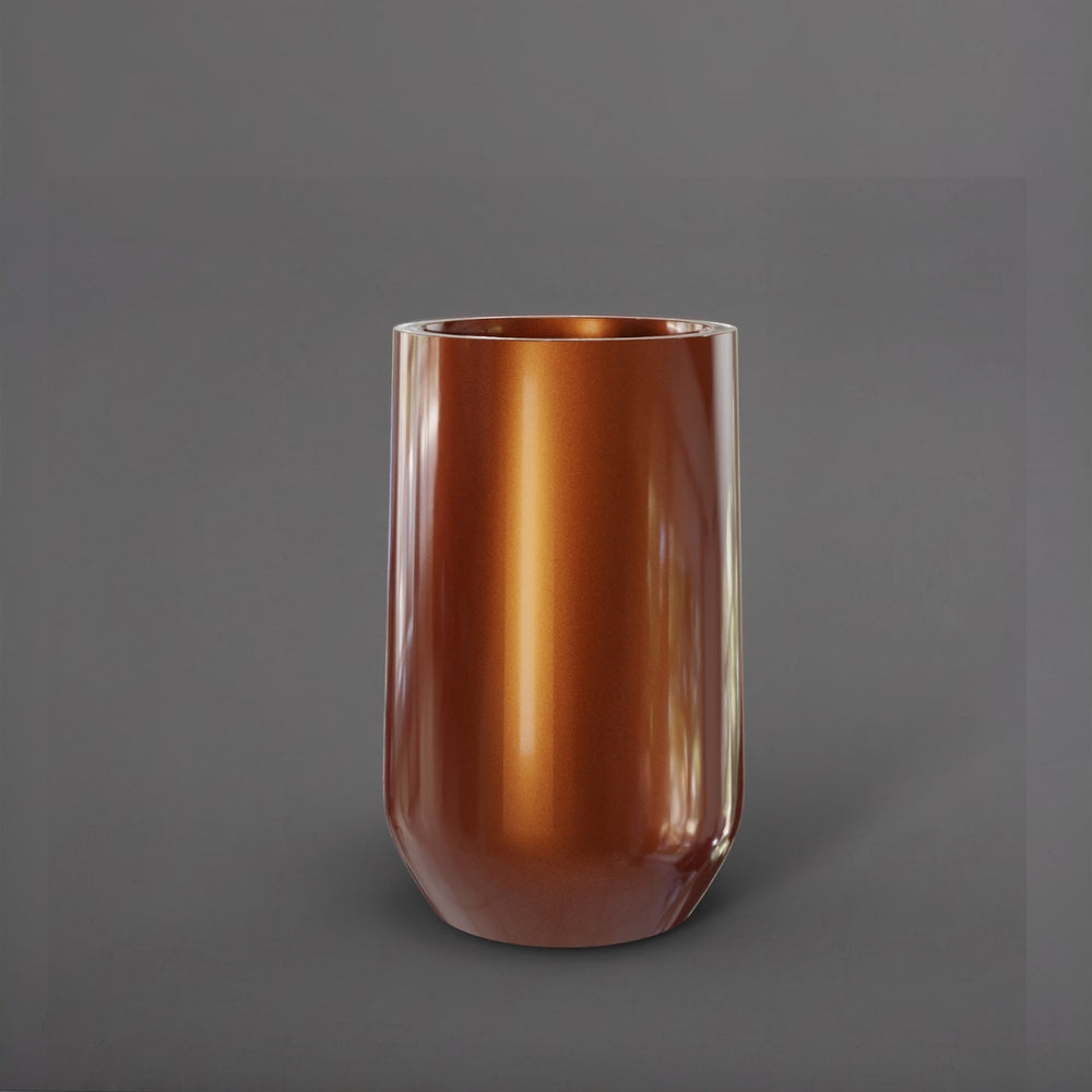 Tall Hayden Tapered Round Fiberglass Planter in metallic bronze against gray background.