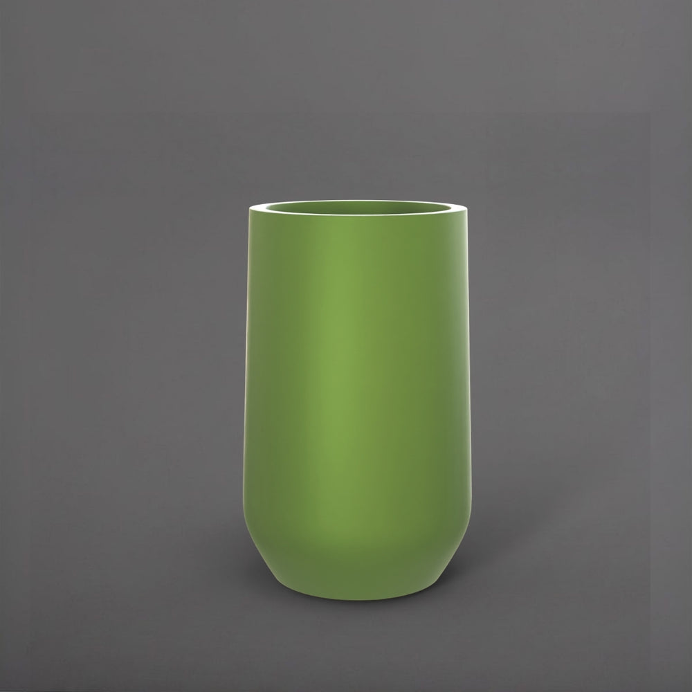 Tall Hayden Tapered Round Fiberglass Planter in satin green against gray background.